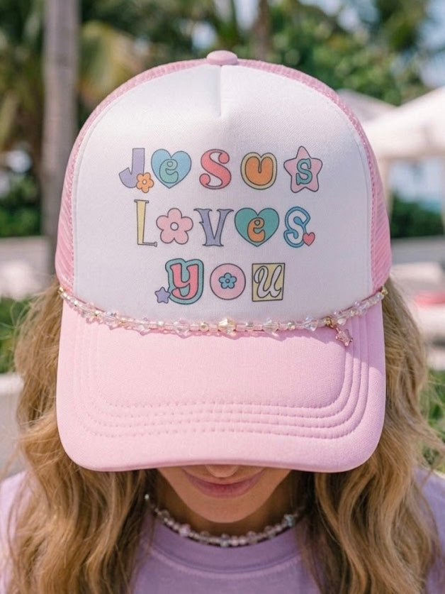 Jesus Loves You Trucker Hat with hat chain
