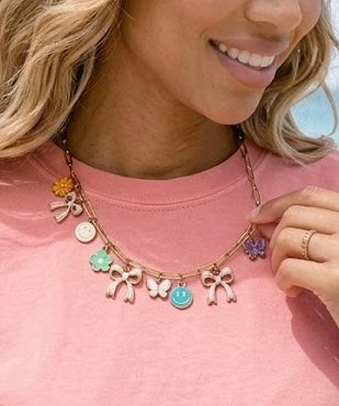 Smiley Face Bow Butterfly Pastel Charm Necklace