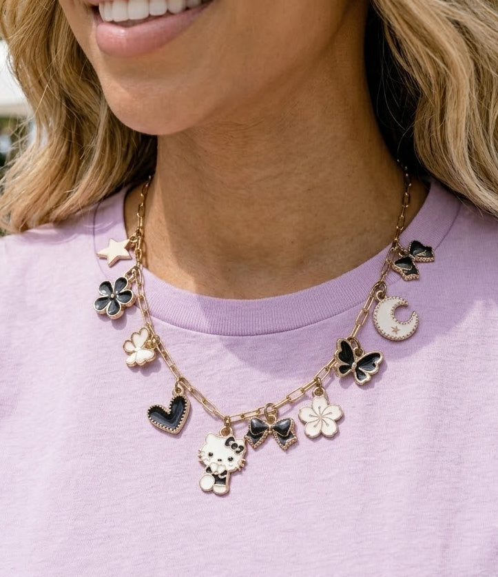 Black White Kitty Heart Butterfly Charm Necklace