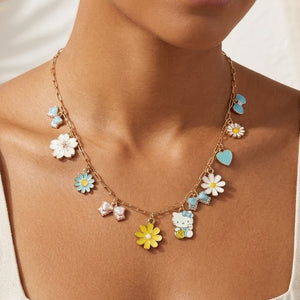 Light Blue Kitty Bow Floral Charm Necklace
