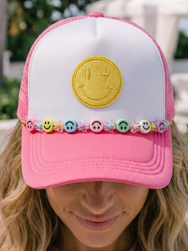 Smiley Face Hot Pink Trucker Hat with Smiley Hat Chain