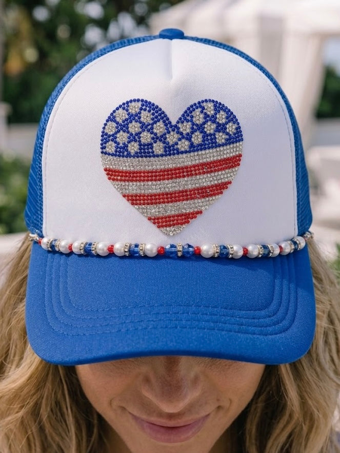 Rhinestone American Flag Heart Trucker Hat