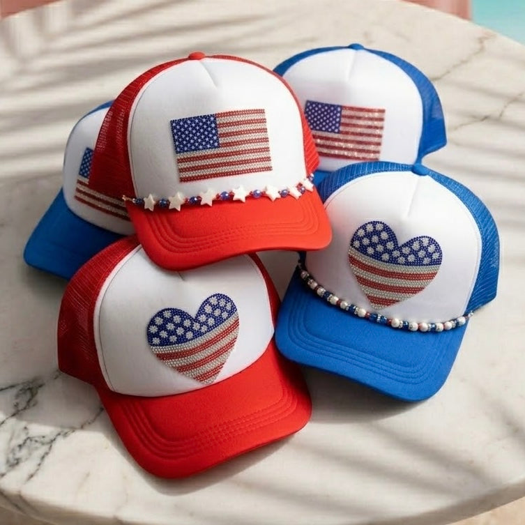 Rhinestone American Flag Heart Trucker Hat