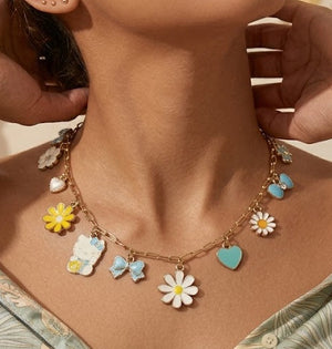 Light Blue Kitty Bow Floral Charm Necklace