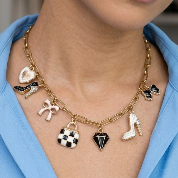 Shopping Heels Checkered Bows Charm Necklace