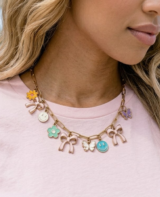Smiley Face Bow Butterfly Pastel Charm Necklace