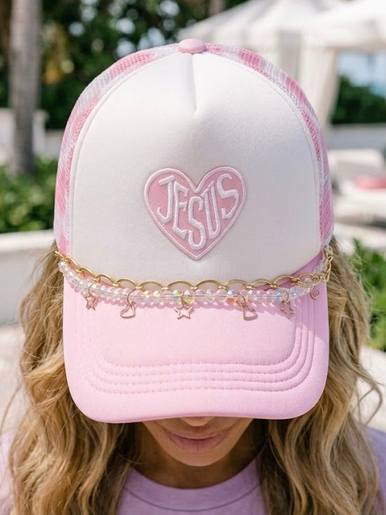 Pink Jesus Embroidered Patch Trucker Hat with dual hat chain with charms
