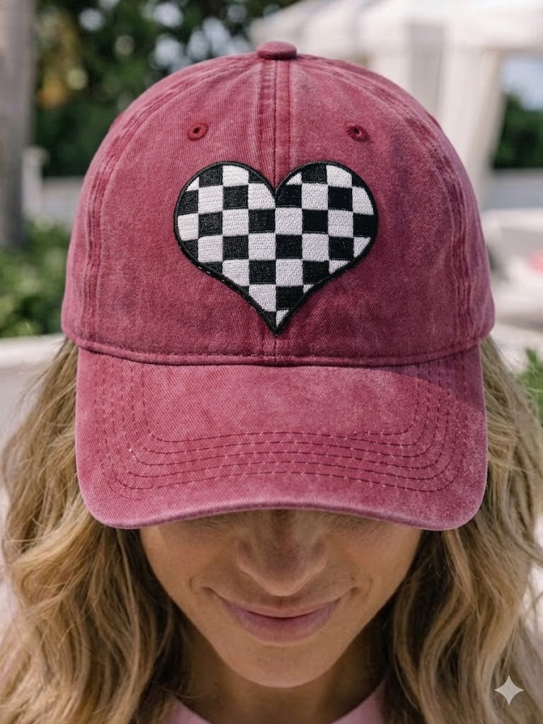 Maroon Red Checkered Heart baseball cap hat