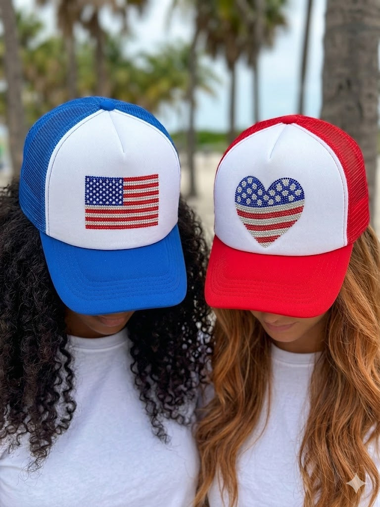 Rhinestone American Flag Heart Trucker Hat