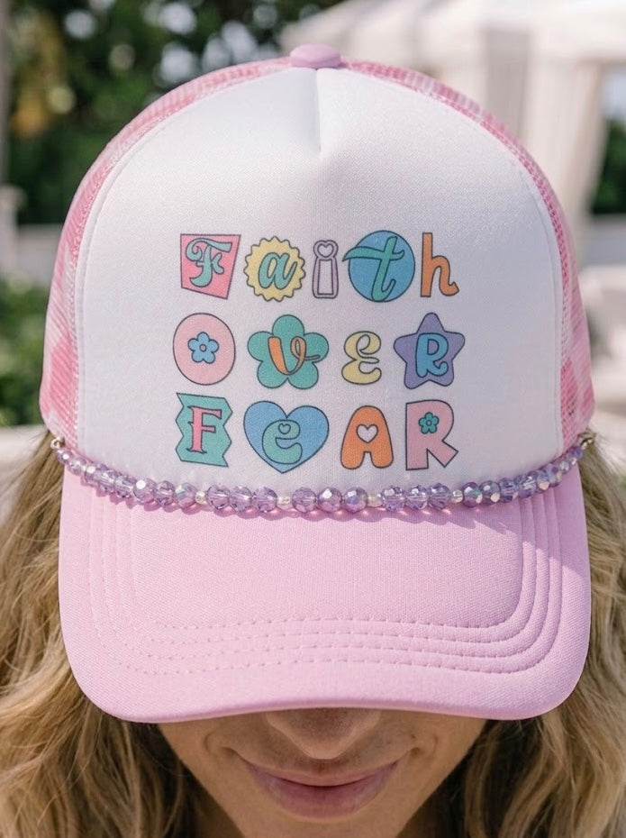Faith Over Fear Pink Trucker Hat with Hat Chain