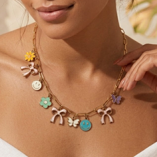 Smiley Face Bow Butterfly Pastel Charm Necklace