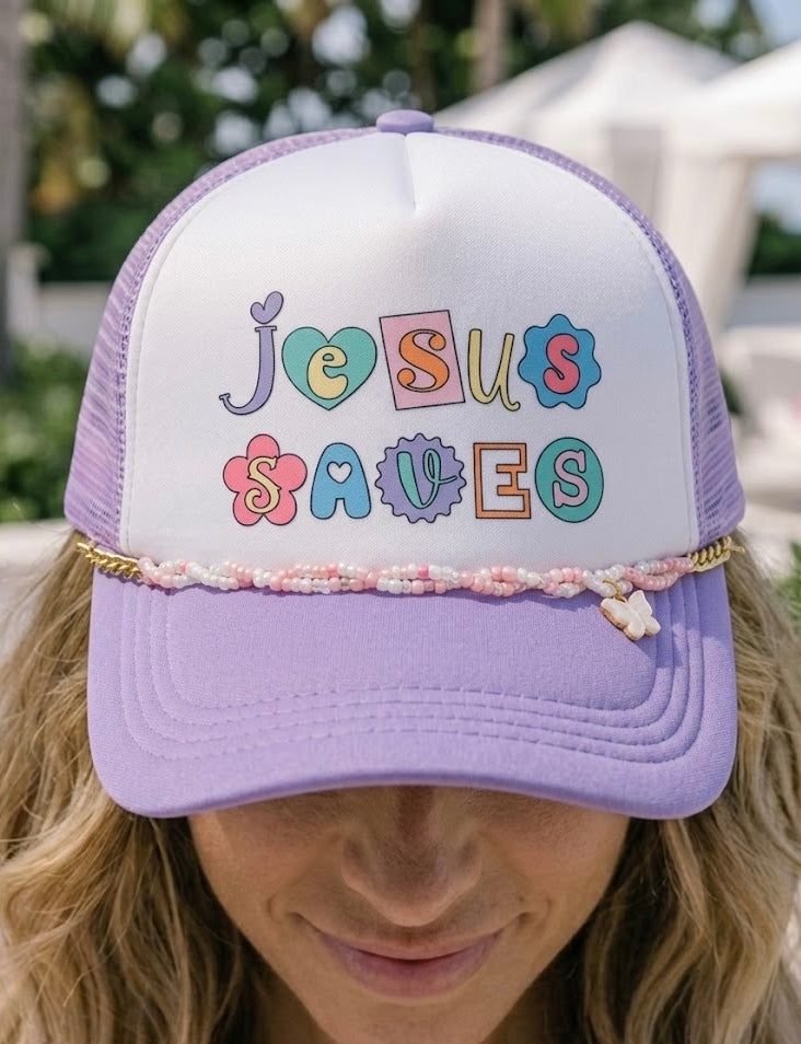 Jesus Saves Lavender Trucker Hat with Hat Chain
