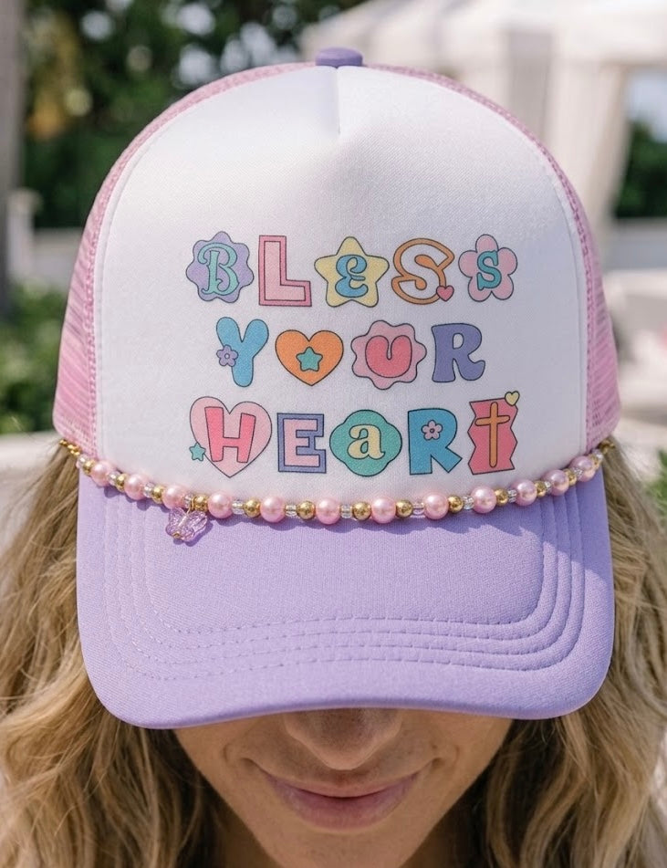 Bless Your Heart Pink Purple Trucker Hat with Hat Chain
