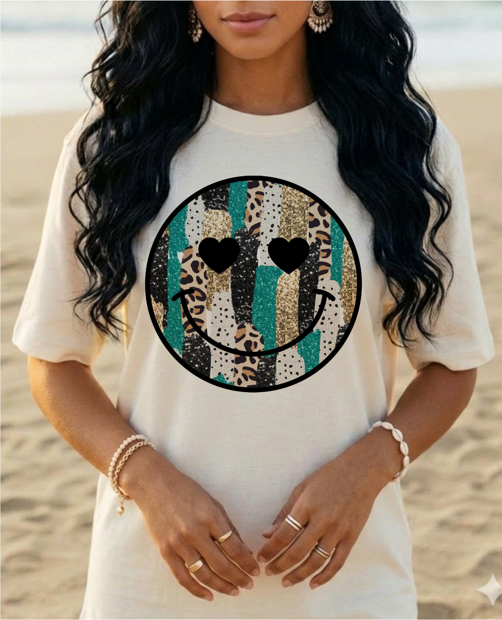 Leopard Teal Smiley Graphic TShirt