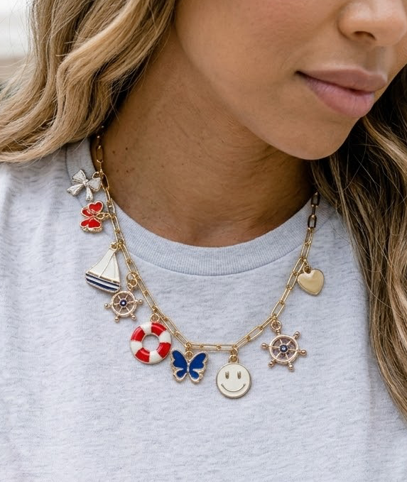 Red White Blue Nautical Butterfly Charm Necklace