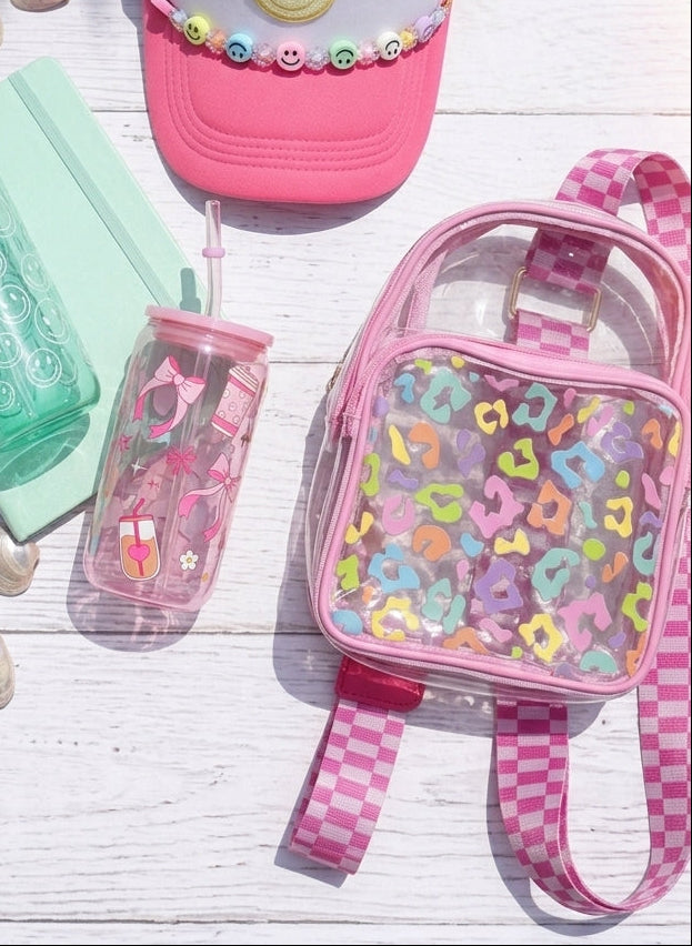 Pastel Leopard Pink Checkered Graphic Clear Stadium Bags