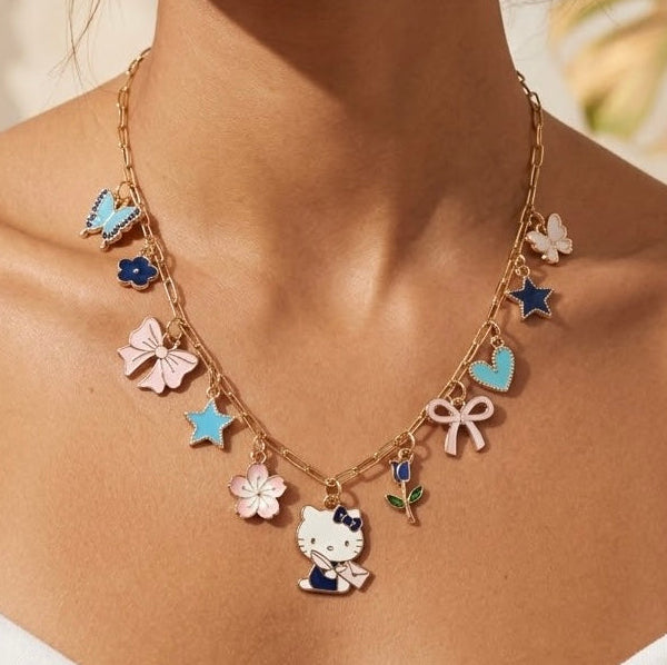 Navy Kitty Bow floral Charm Necklace