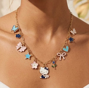 Navy Kitty Bow floral Charm Necklace