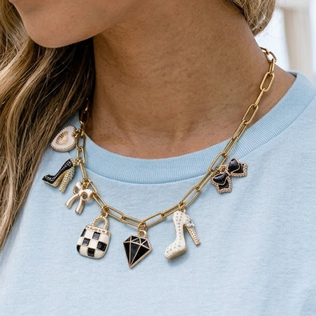 Shopping Heels Checkered Bows Charm Necklace