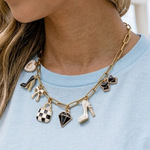Shopping Heels Checkered Bows Charm Necklace