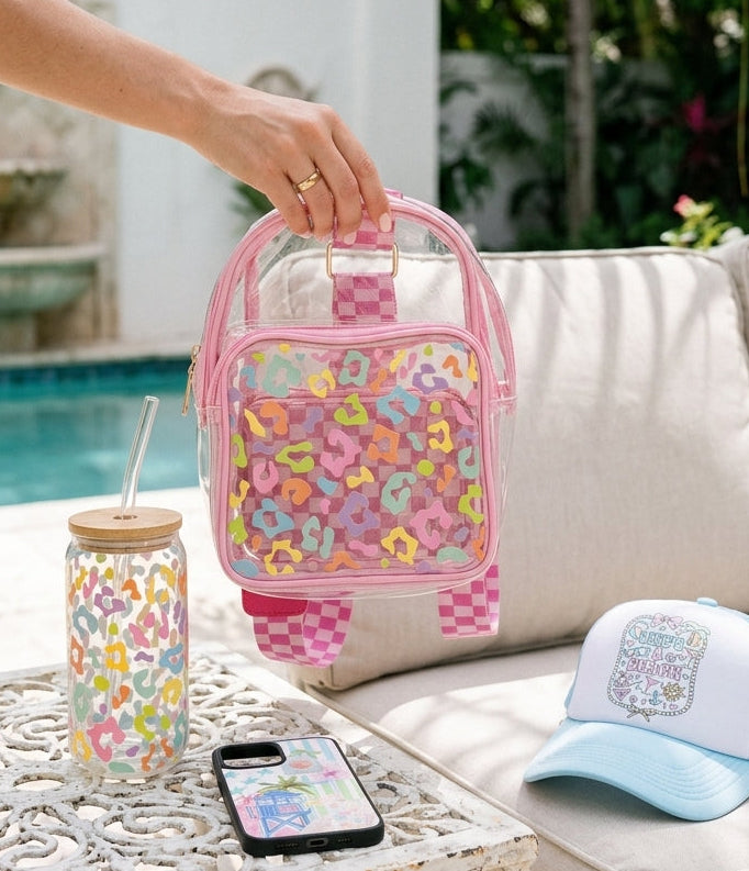 Pastel Leopard Pink Checkered Graphic Clear Stadium Bags